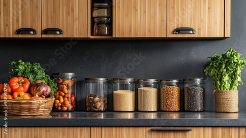 A modern, eco-friendly kitchen with bamboo cabinets, reusable containers filled with grains and spices, glass jars for bulk items, and a basket of fresh, organic vegetables on the countertop 