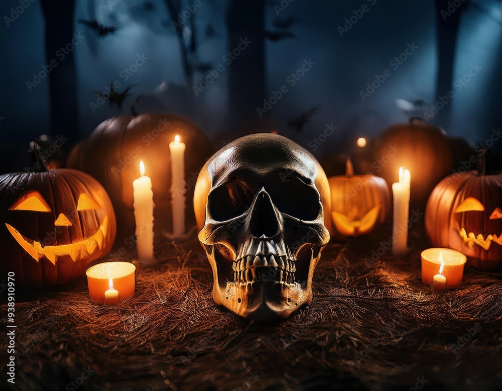 Spooky Skull with Glowing Eyes in a Haunted House Spooky Skull with Glowing Eyes in a Haunted House