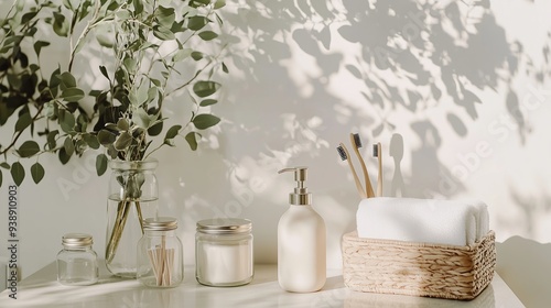 A serene, zero-waste bathroom featuring natural, plastic-free toiletries like bar soap, bamboo toothbrushes, and reusable glass containers, all arranged on a clean 