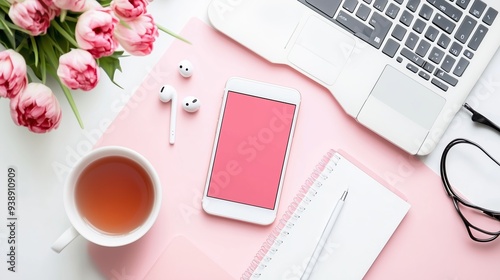 A top-down view of a desk in a stylish home office, with a notebook, smartphone, wireless earbuds, and a cup of tea, surrounded by neatly organized supplies, reflecting productivity and organization