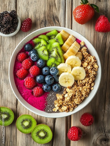 A vibrant smoothie bowl filled with fresh fruits like berries, kiwi, and banana, topped with granola and chia seeds