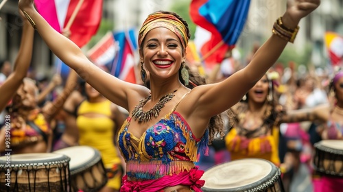 A vibrant street parade during Hispanic Heritage Month, with participants waving flags from various Latin American countries, dressed in traditional costumes