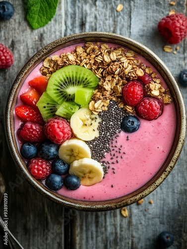 A vibrant smoothie bowl filled with fresh fruits like berries, kiwi, and banana, topped with granola and chia seeds, beautifully arranged on a rustic wooden table 