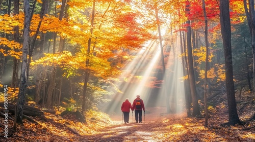 Two elderly men hiking along a path in the forest in autumn.