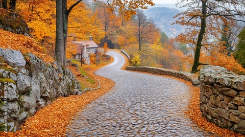A winding country road lined with trees in full autumn color, leading to a quaint, historic village with cobblestone streets, where the golden leaves gently fall, nostalgic atmosphere -