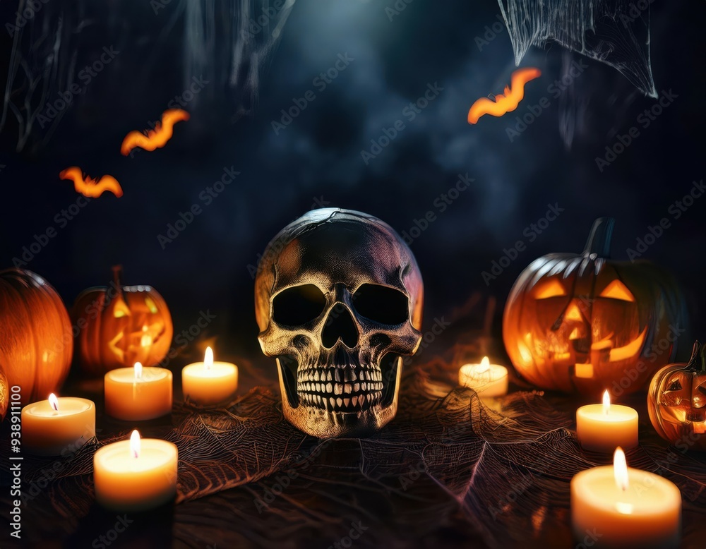 Spooky Skull with Glowing Eyes in a Haunted House Spooky Skull with Glowing Eyes in a Haunted House