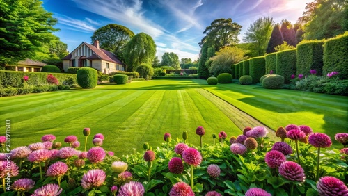 Freshly Mowed Lawn With Lush Green Grass And Vibrant Clover Patches In A Vibrant Horticulture Setting. photo