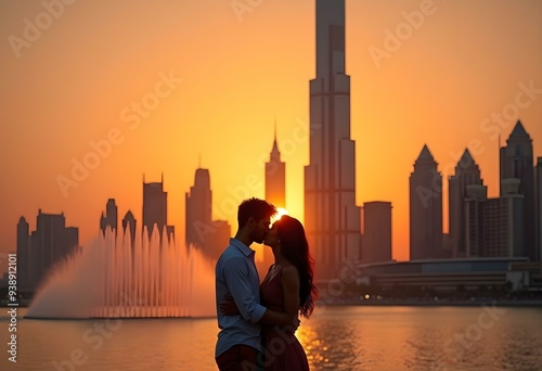 Romantic couple kissing at sunset with Burj Khalifa
, United Arab Emirates Dubai