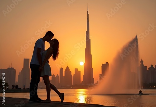 Romantic couple kissing at sunset with Burj Khalifa
, United Arab Emirates Dubai
