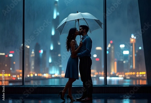 Romantic couple kissing at rainy day with Burj Khalifa
, United Arab Emirates Dubai
