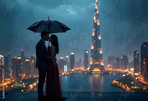 Romantic couple kissing at rainy day with Burj Khalifa
, United Arab Emirates Dubai