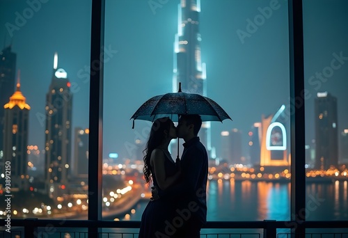 Romantic couple kissing at rainy day with Burj Khalifa
, United Arab Emirates Dubai