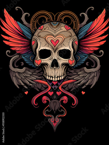 Tribal Skull and Winged symmetry layout illustration