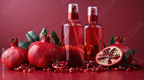 Pomegranate cosmetic bottles with garnet slices and seeds on a red background contain natural organic shampoo and spray with pomegranate extract. photo