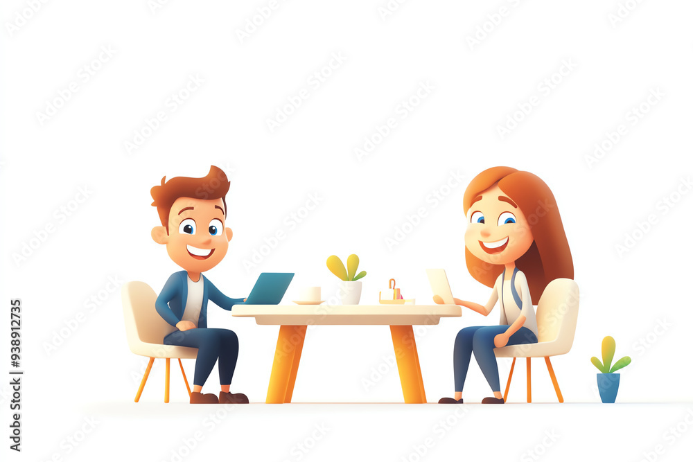Cheerful cartoon characters at a table, enjoying a friendly meeting with a laptop and plants in a bright, minimalist setting.