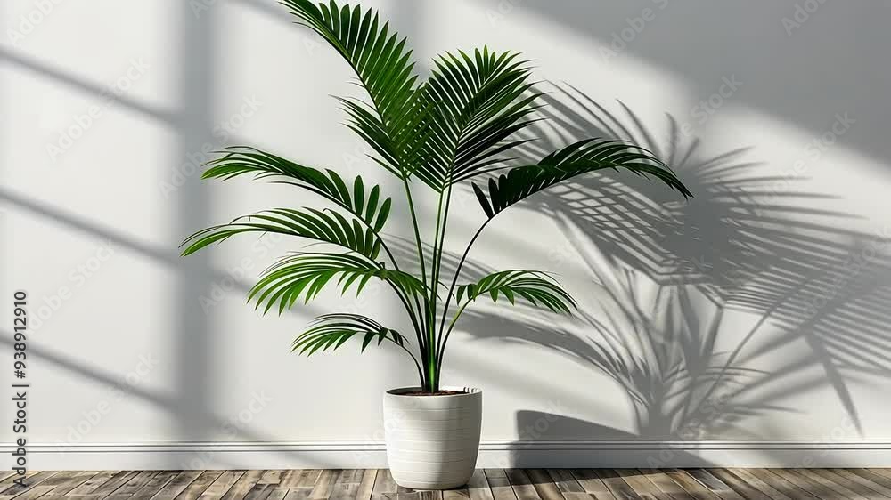 Tranquil home corner with potted palm plant shadows