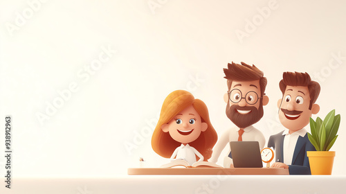 Cheerful cartoon characters working together in a modern office, showcasing teamwork and collaboration in a creative environment. photo