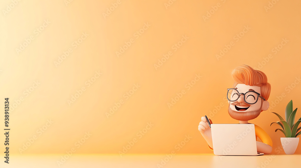 Obraz premium Cheerful man with glasses enjoying working at a laptop in a bright workspace with a plant and warm colors.