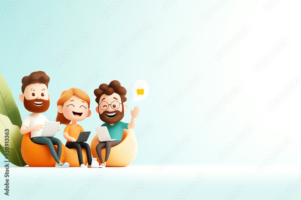 Three cheerful cartoon characters enjoying time together, engaged with devices in a fun and bright setting. Three cheerful cartoon characters enjoying time together, engaged with devices in a fun and bright setting.