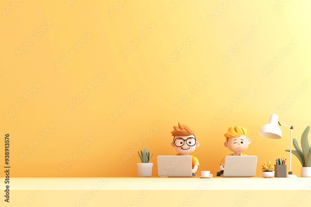Two animated characters working on laptops in a bright, cheerful workspace with plants and a lamp. Two animated characters working on laptops in a bright, cheerful workspace with plants and a lamp.