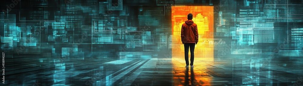 Obraz premium A person stands in front of a glowing door in a futuristic virtual world, symbolizing the concept of digital exploration and new opportunities.