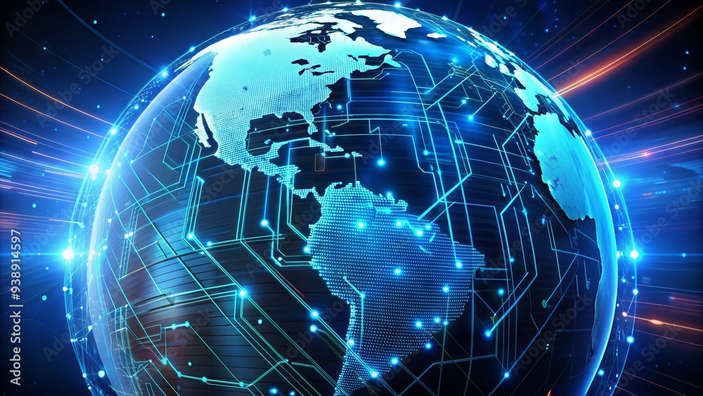 Futuristic globe with glowing blue circuits and neon lines, merging traditional cartography with artificial intelligence, symbolizing the intersection of geography and technology. Futuristic globe with glowing blue circuits and neon lines, merging traditional cartography with artificial intelligence, symbolizing the intersection of geography and technology.