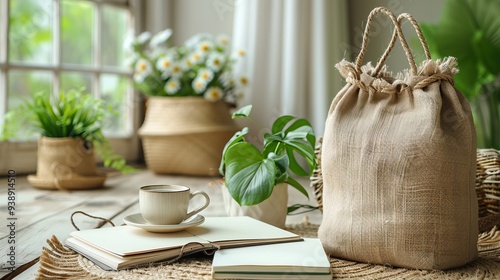 String bag with coffee cup, flowers, and paper notebook on white background, elegant feminine accessories, sustainable lifestyle concept. photo