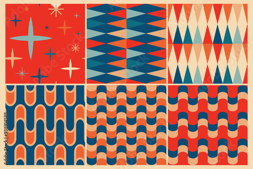 60s vintage retro seamless patterns. Vintage geometrical seamless backgrounds 50s and 60s