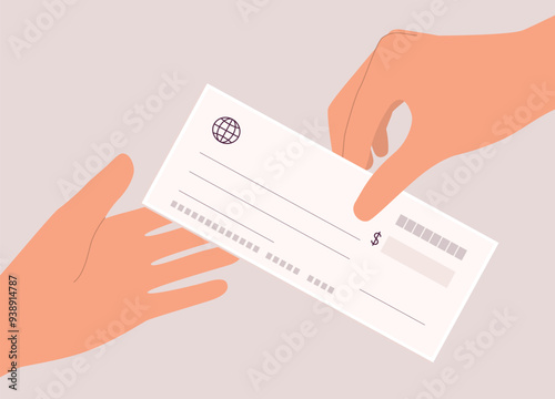 A Person’s Hand Giving A Cheque To Another Person’s Hand. Close-Up.