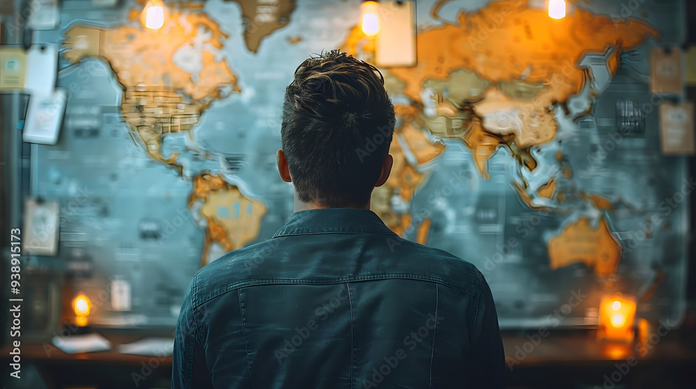 A man stands thoughtfully in front of a large world map in a dimly lit room, surrounded by warm lights and travel notes A man stands thoughtfully in front of a large world map in a dimly lit room, surrounded by warm lights and travel notes