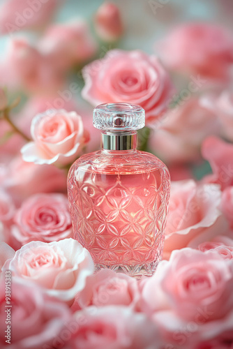 Perfume Bottle,  An elegant perfume bottle is beautifully placed among pink roses, representing femininity and romance in a charming floral setting