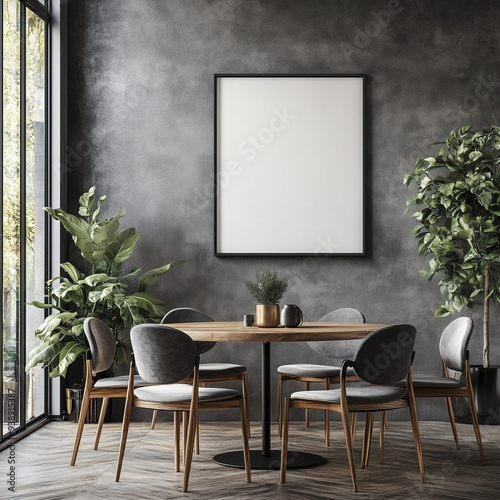 A modern dining room with a 2:3 ratio blank picture frame hanging on the wall