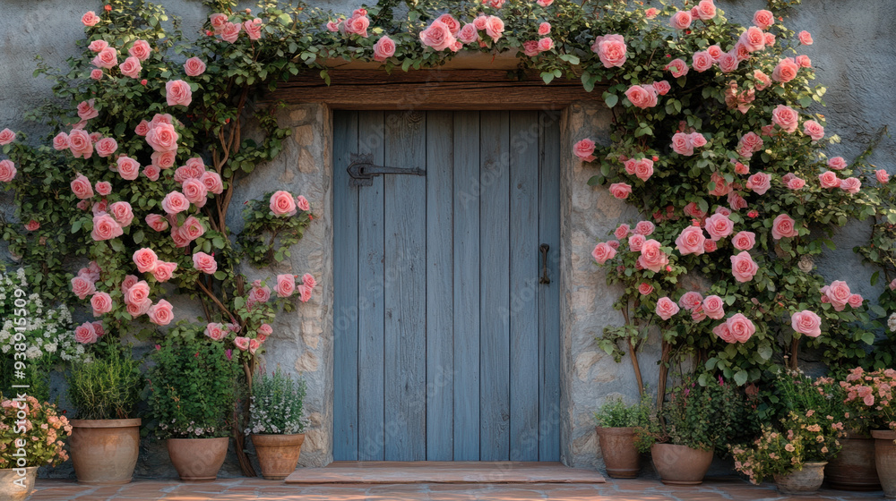 Rose-covered Door, A large wooden door painted grey, adorned with beautiful climbing roses that enhance its rustic charm and natural beauty Rose-covered Door, A large wooden door painted grey, adorned with beautiful climbing roses that enhance its rustic charm and natural beauty