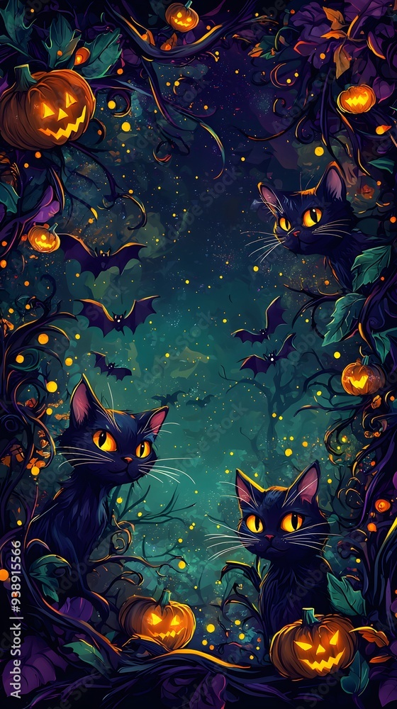 Spooky Halloween Atmosphere with Pumpkins Bats and Mysterious Cats in the Haunting Autumn Night Spooky Halloween Atmosphere with Pumpkins Bats and Mysterious Cats in the Haunting Autumn Night