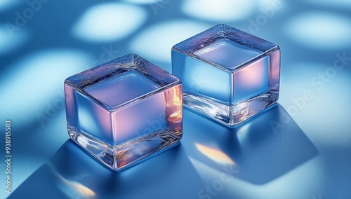 A close up of two clear ice cubes on a blue background, reflecting light.