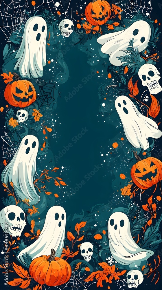 Spooky Halloween Ghosts and Pumpkins in Autumn Night Landscape Spooky Halloween Ghosts and Pumpkins in Autumn Night Landscape