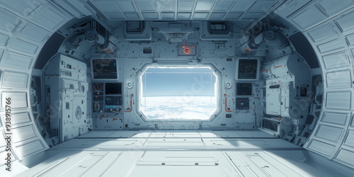 Fototapeta Naklejka Na Ścianę i Meble -  Space station or spaceship sci-fi style corridor or room. looking outside. Ultra modern scifi design. Generative AI. 