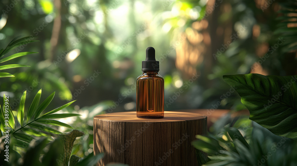 Oil Bottle Display, A mockup of an oil bottle placed on a wooden stand amidst a tropical backdrop, emphasizing natural and organic themes Oil Bottle Display, A mockup of an oil bottle placed on a wooden stand amidst a tropical backdrop, emphasizing natural and organic themes
