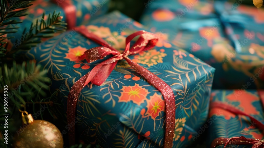 Close-up of holiday gifts wrapped in colorful paper. Close-up of holiday gifts wrapped in colorful paper.