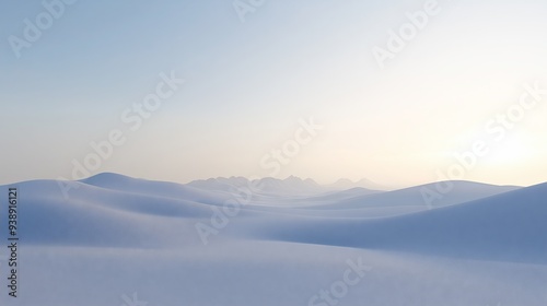 Snow-covered dunes under a soft morning light, evoking a serene and tranquil winter landscape.