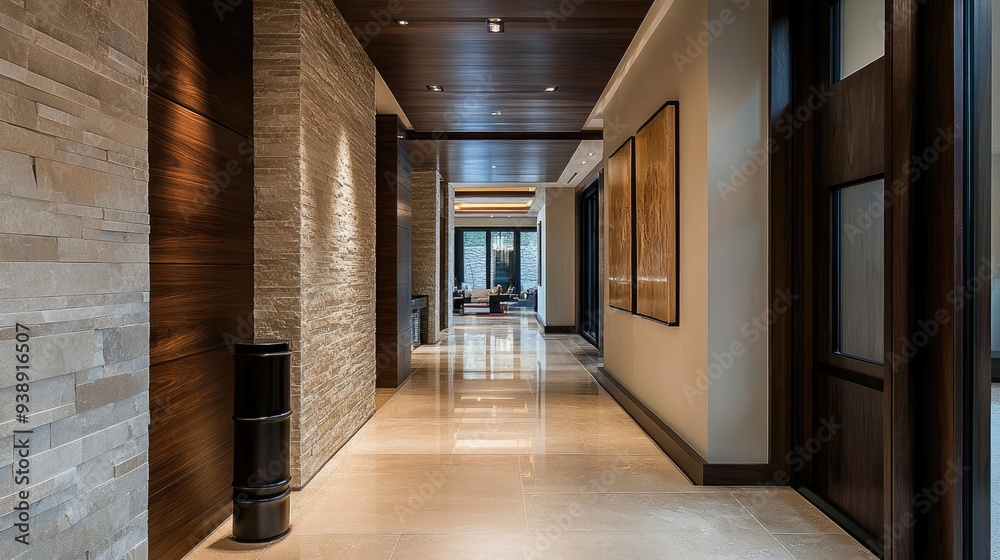 Modern Interior Hallway Design with Wood and Stone in a High-End Home Modern Interior Hallway Design with Wood and Stone in a High-End Home