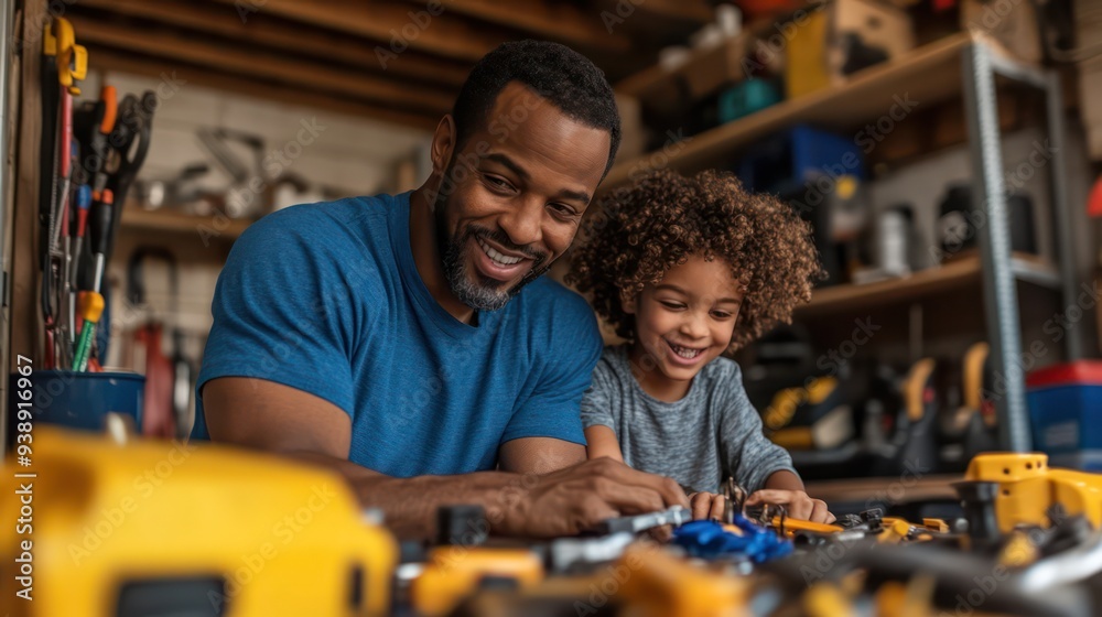 Fototapeta premium A multicultural family organizing the garage, sorting tools and toys with teamwork and efficiency.