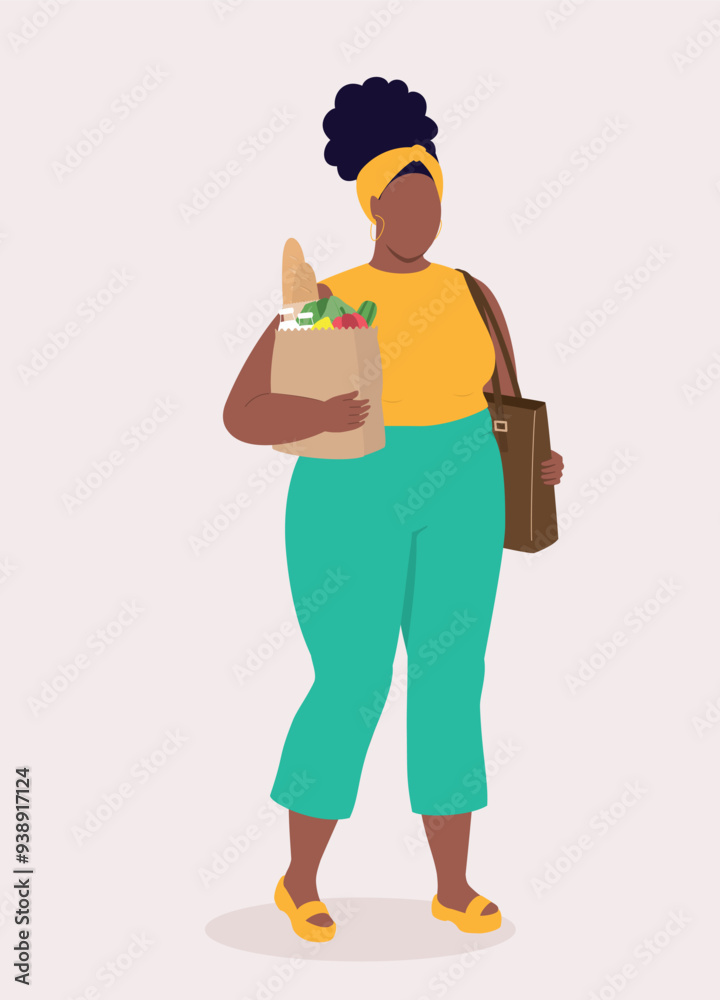 One Curvy Black Woman With Handbag Walking And Holding A Paper Bag With Grocery. One Curvy Black Woman With Handbag Walking And Holding A Paper Bag With Grocery.