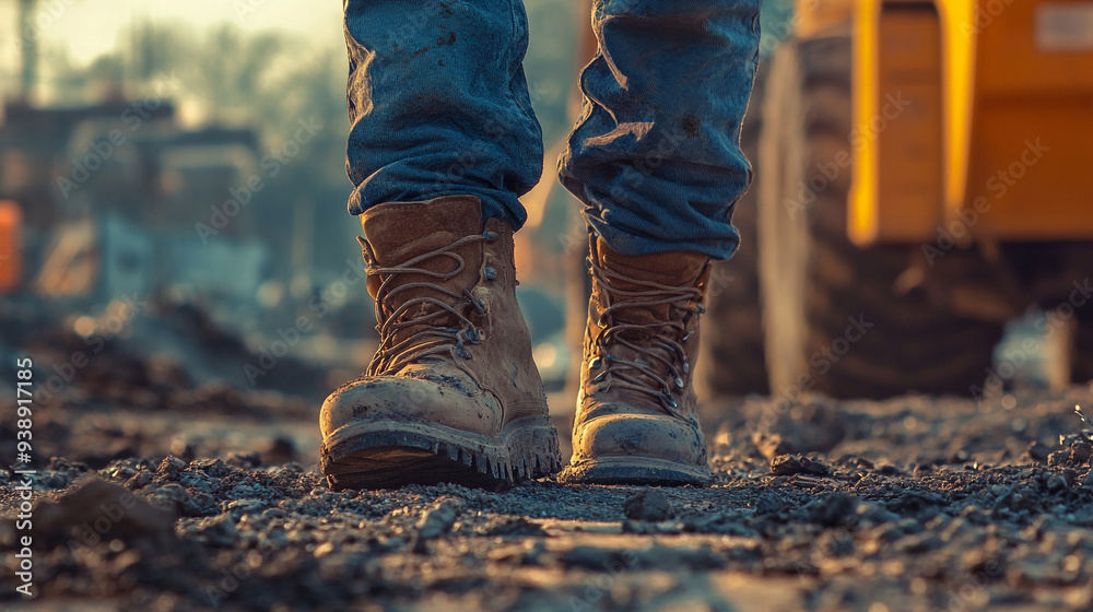 Construction worker walking on a rough site at sunset, wearing sturdy boots amidst machinery and dirt Construction worker walking on a rough site at sunset, wearing sturdy boots amidst machinery and dirt