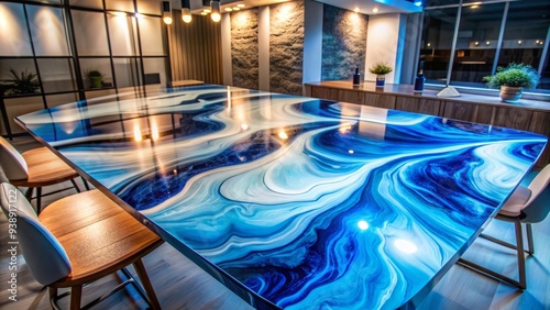 Glossy epoxy resin table top with swirling abstract patterns in shades of blue and white, illuminated by soft overhead lighting in a modern setting. photo