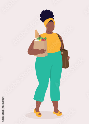One Curvy Black Woman With Handbag Walking And Holding A Paper Bag With Grocery.