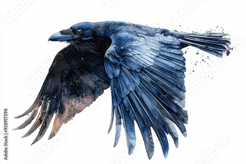 A painted raven bird in flight against a white background, perfect for Halloween themes and versatile applications in designs, with copy space. photo