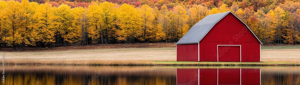 A serene red barn reflected in calm water, surrounded by vibrant autumn foliage in a picturesque rural landscape. A serene red barn reflected in calm water, surrounded by vibrant autumn foliage in a picturesque rural landscape.
