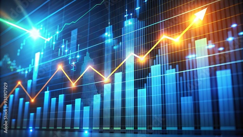 Glowing graph and charts on screen displaying rising numbers, symbolizing successful business growth and profitable market strategies to boost revenue and exceed targets.