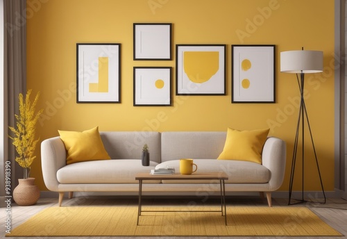 Beige sofa with yellow pillows and two side tables with lamps against vibrant yellow wall with poster frame. Classic home interior design of modern living room